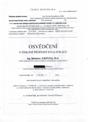 Certifikát výživového poradce - Přední strana